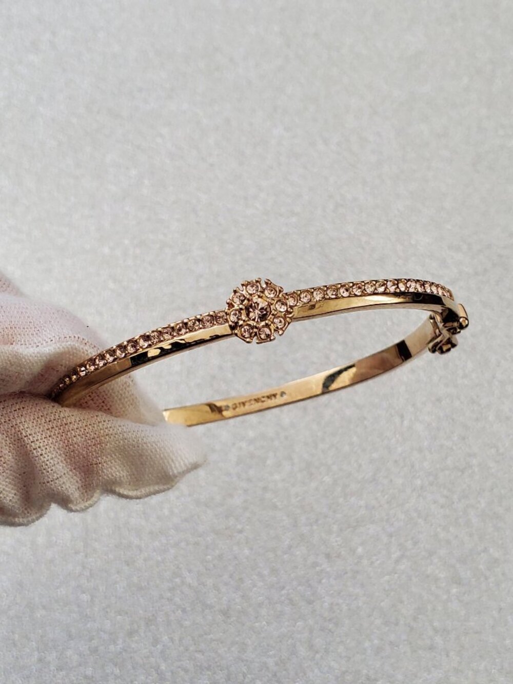 Givenchy Crystal Flower Hinged Gold Bangle Bracelet